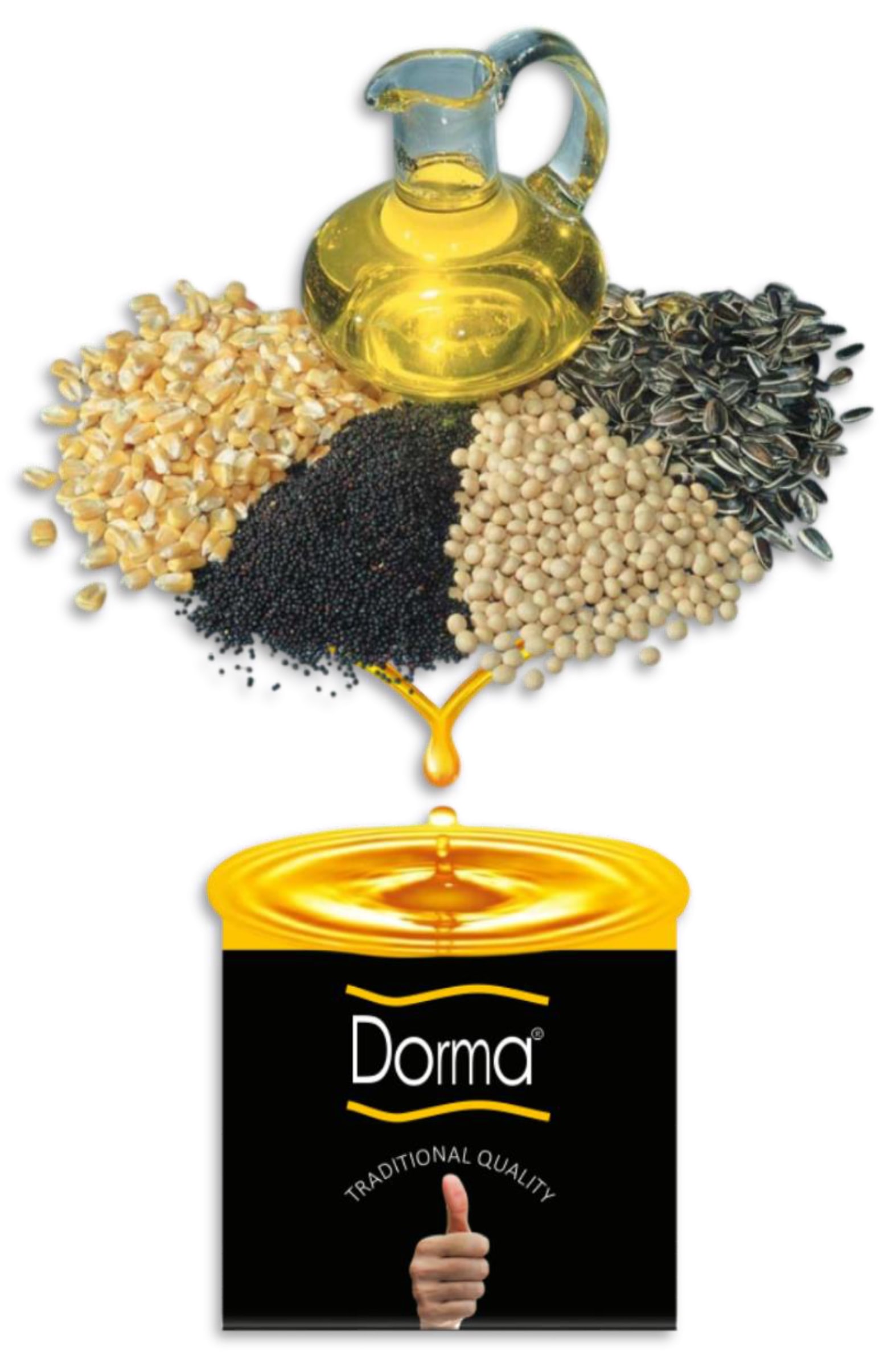 Corn, rapeseed, soybean and sunflower seed heaped beneath a glass carafe of oil, with a drop falling into a black and gold cooking-oil tin branded Dorma