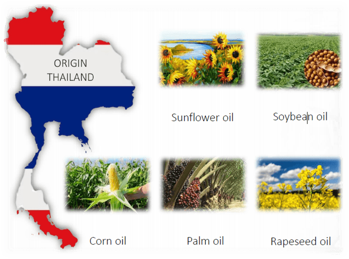 A map of Thailand filled with the national flag, labelled Origin Thailand, beside six photographs captioned sunflower oil, soybean oil, corn oil, palm oil and rapeseed oil