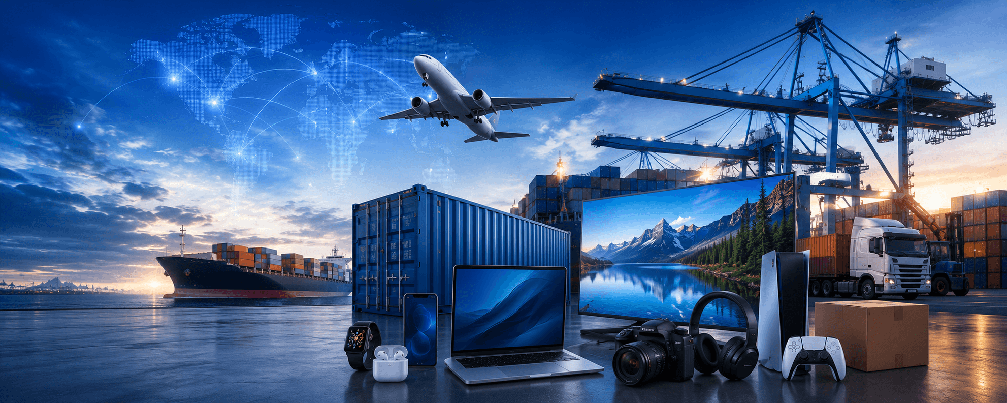 Consumer electronics arranged in front of a container port at dusk, with a cargo ship, gantry cranes and an airliner overhead