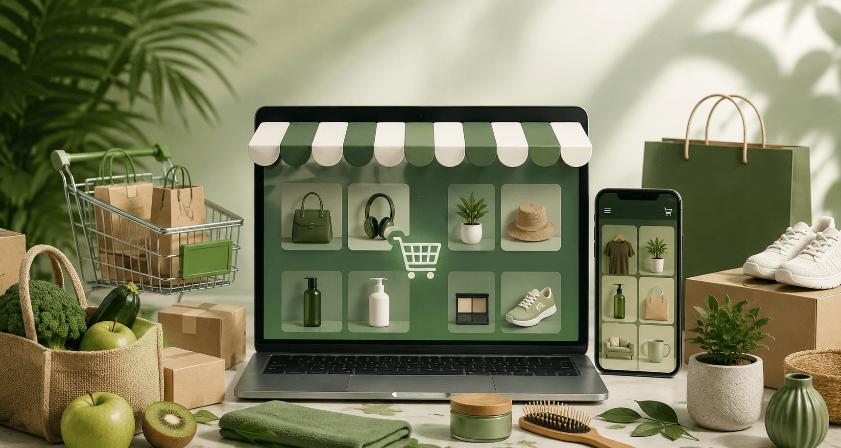 An online storefront shown on a laptop and a phone, surrounded by shopping baskets, parcels and household goods in green tones